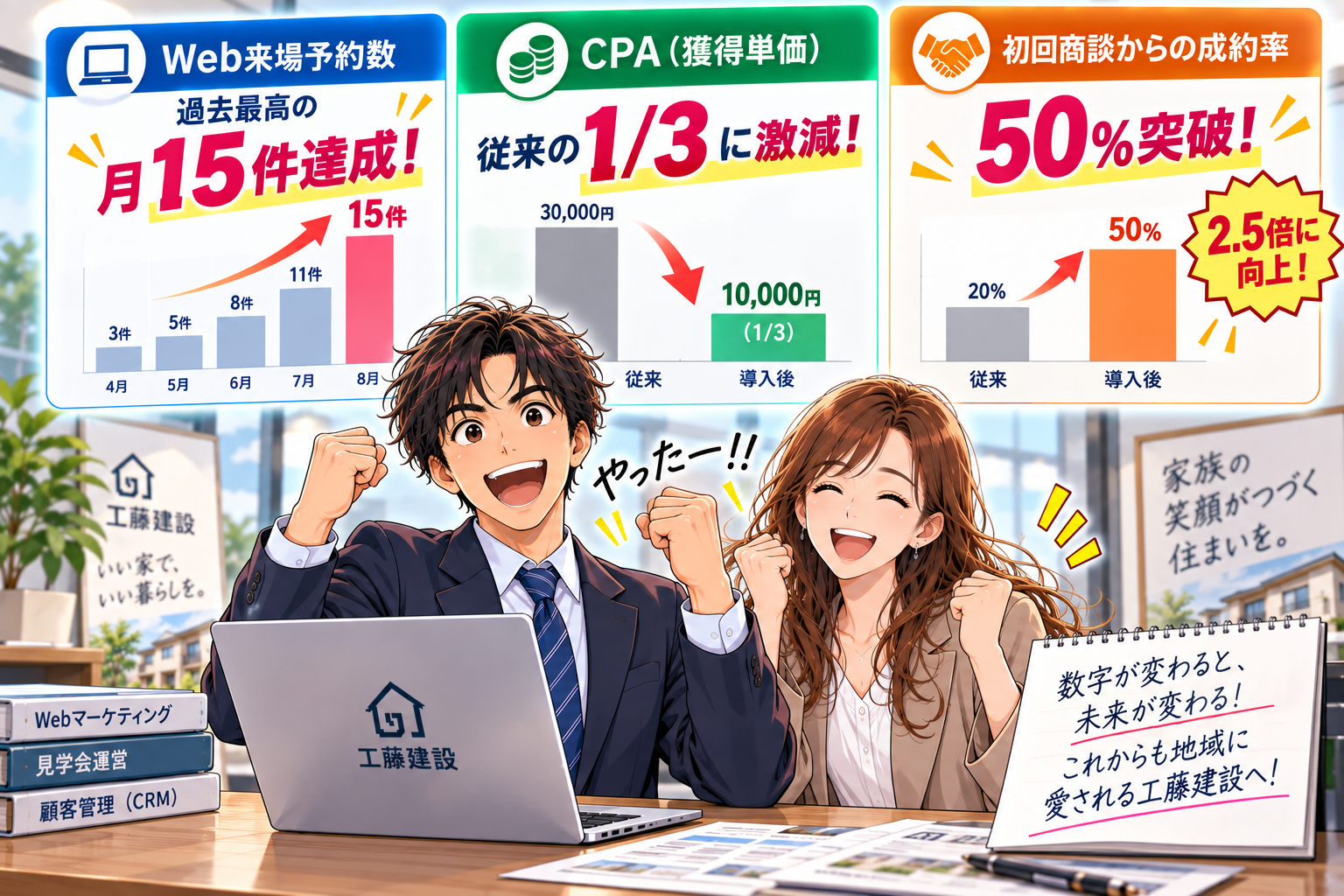 コマ33: Web来場予約月15件達成、CPA従来の3分の1（10,000円）、成約率50%突破！
