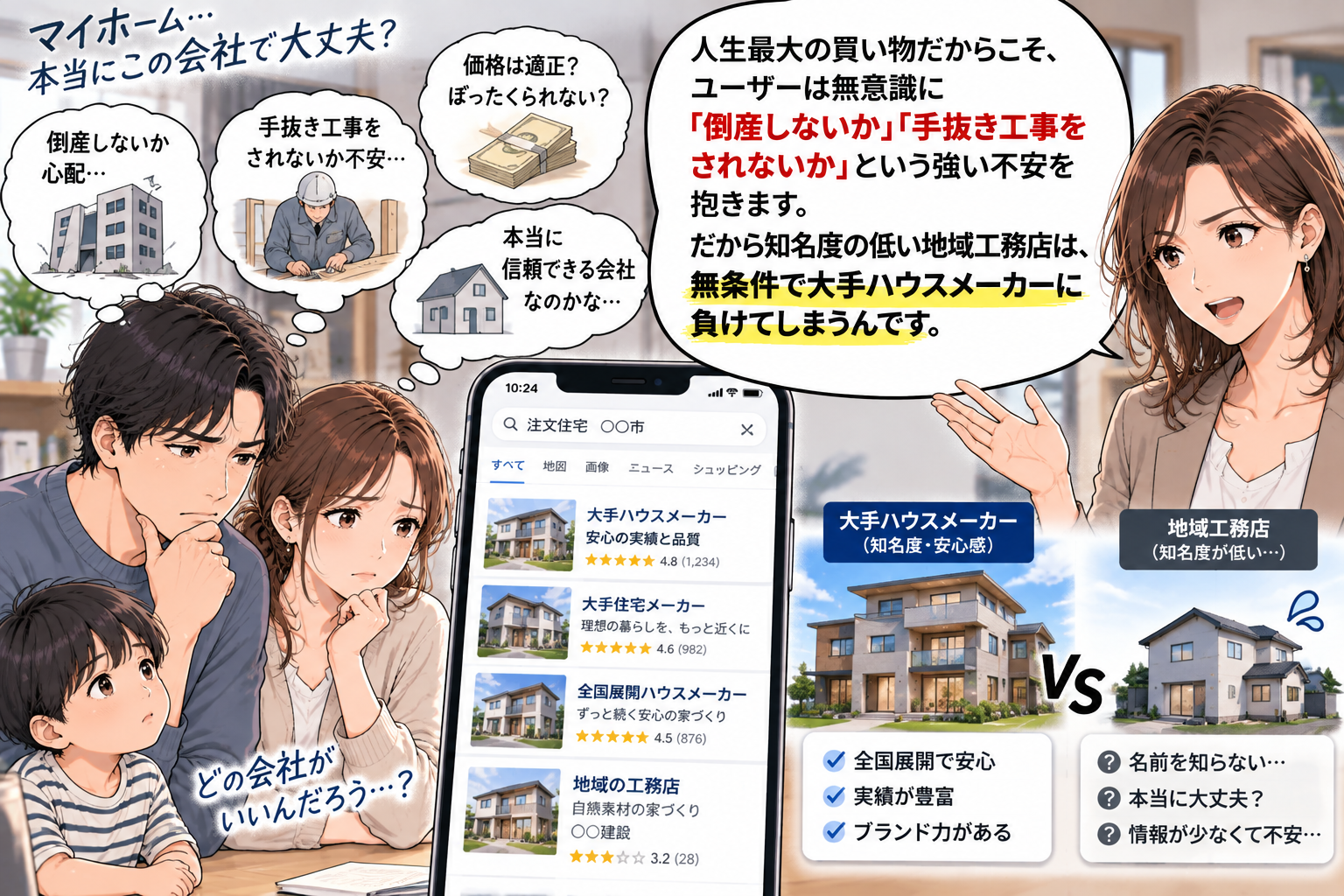 コマ5: 倒産しないか・手抜き工事をされないかという強い不安と大手ハウスメーカーとの知名度の差