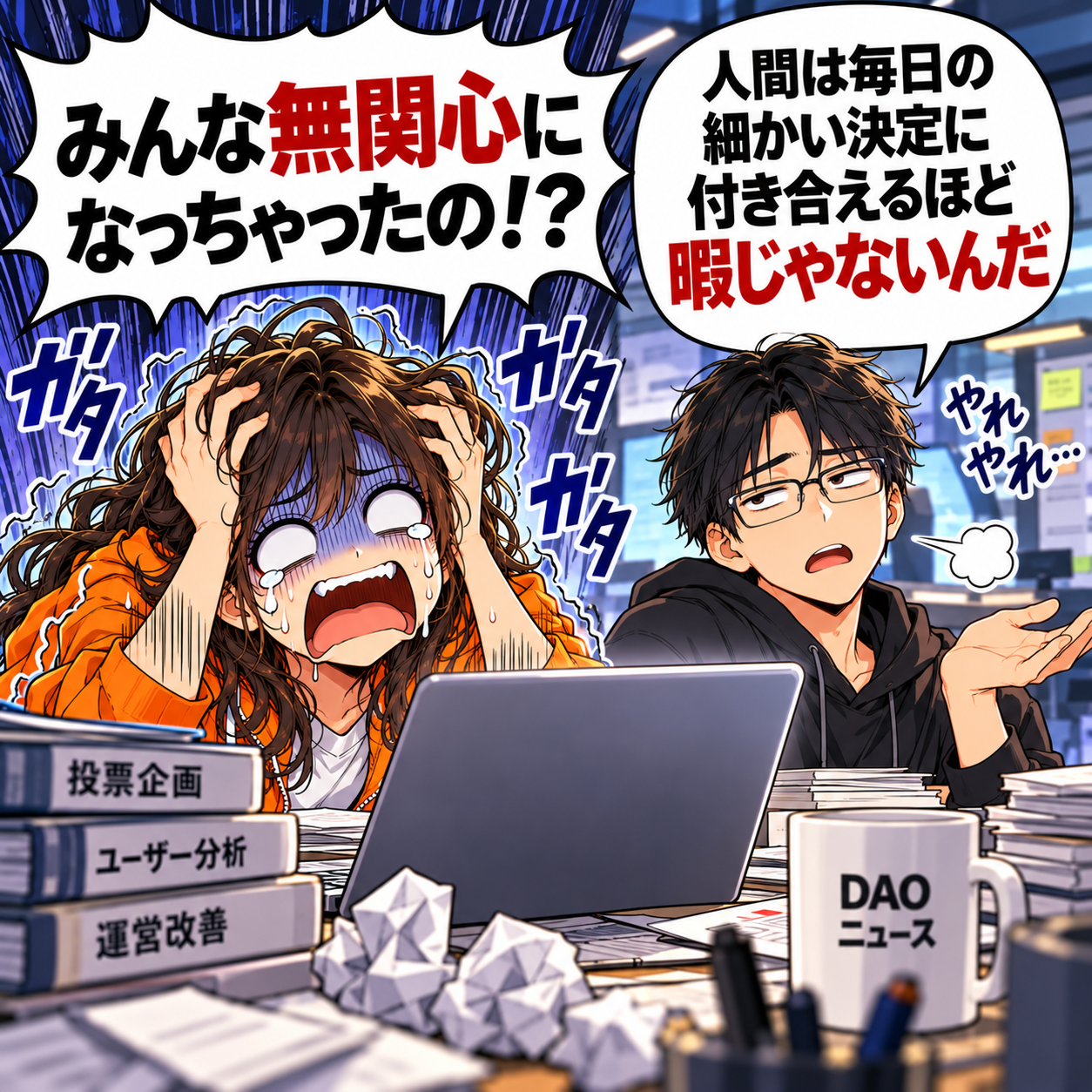 コマ11: みんな無関心になっちゃったの！？人間は毎日の細かい決定に付き合えるほど暇じゃないんだよと伝えるソウタ