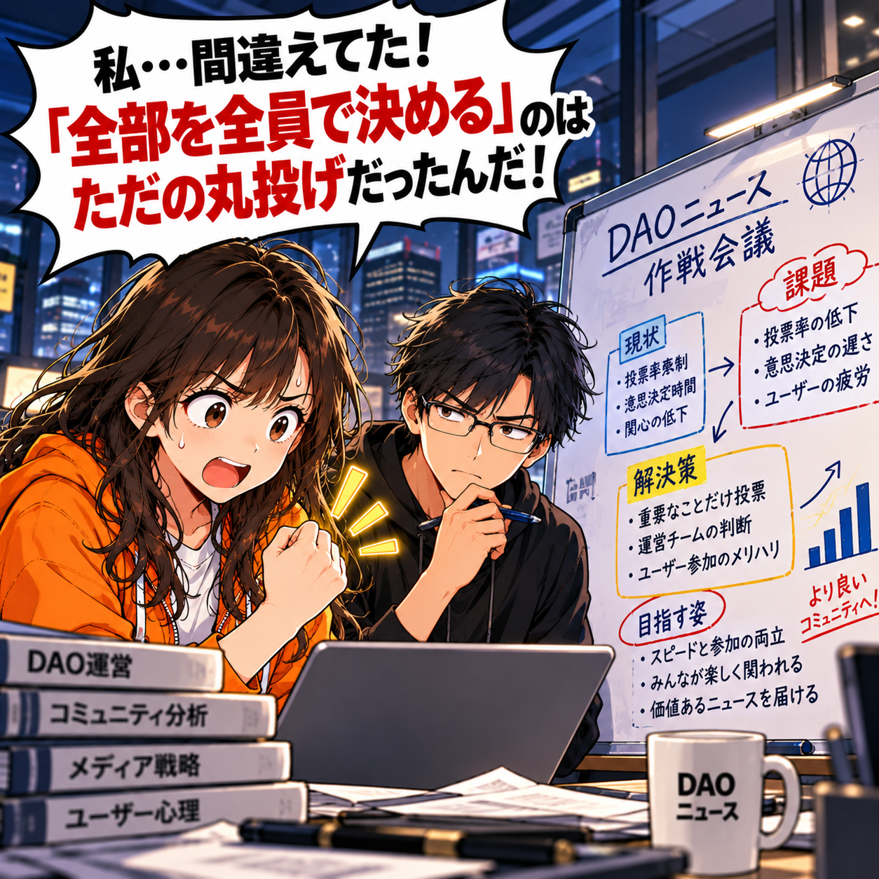 コマ12: 私間違えてた！『全部を全員で決める』のはただの丸投げだったんだ！と解決策（作戦会議）に乗り出すアカリ