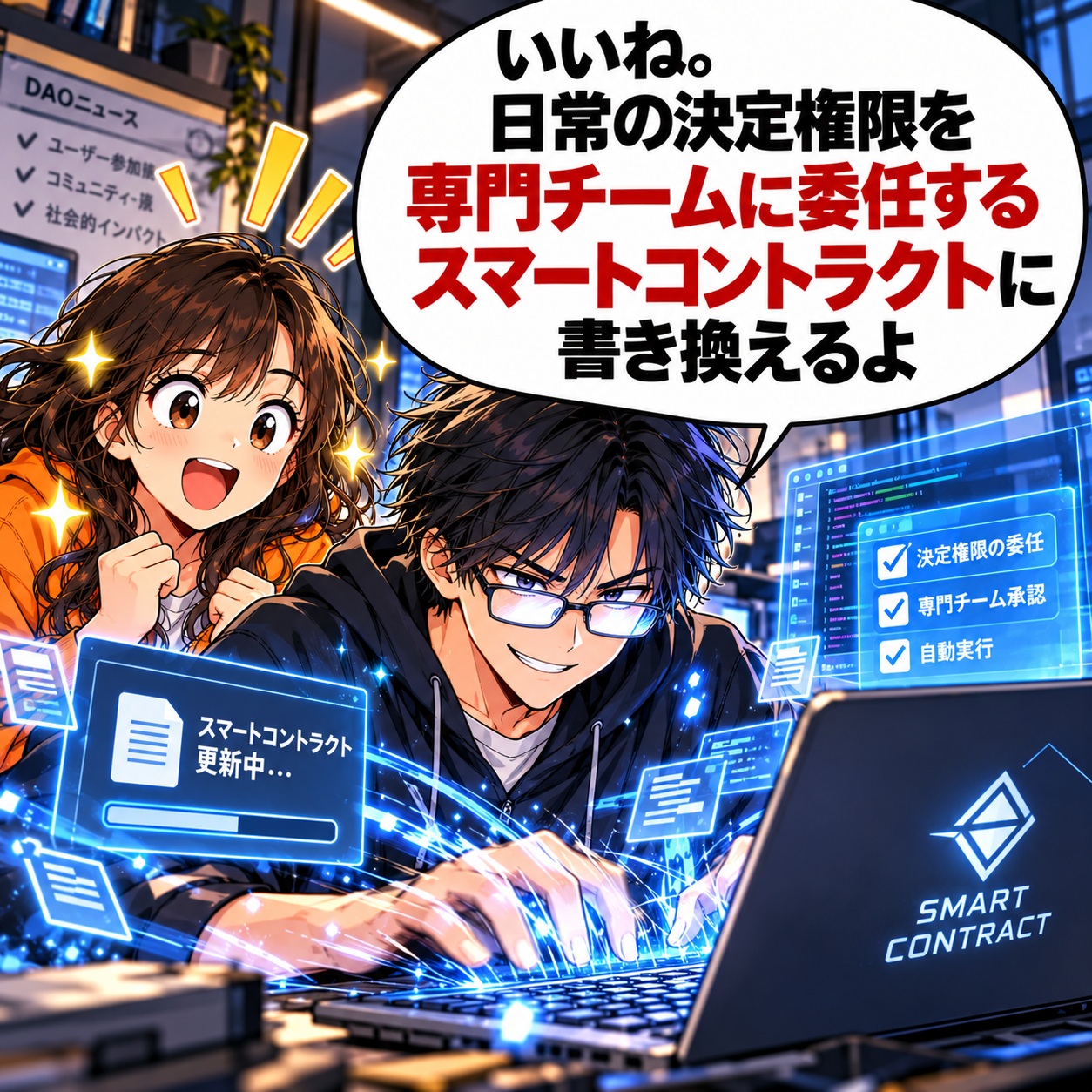 コマ14: 日常の決定権限を専門チームに委任するスマートコントラクトに書き換えるソウタ