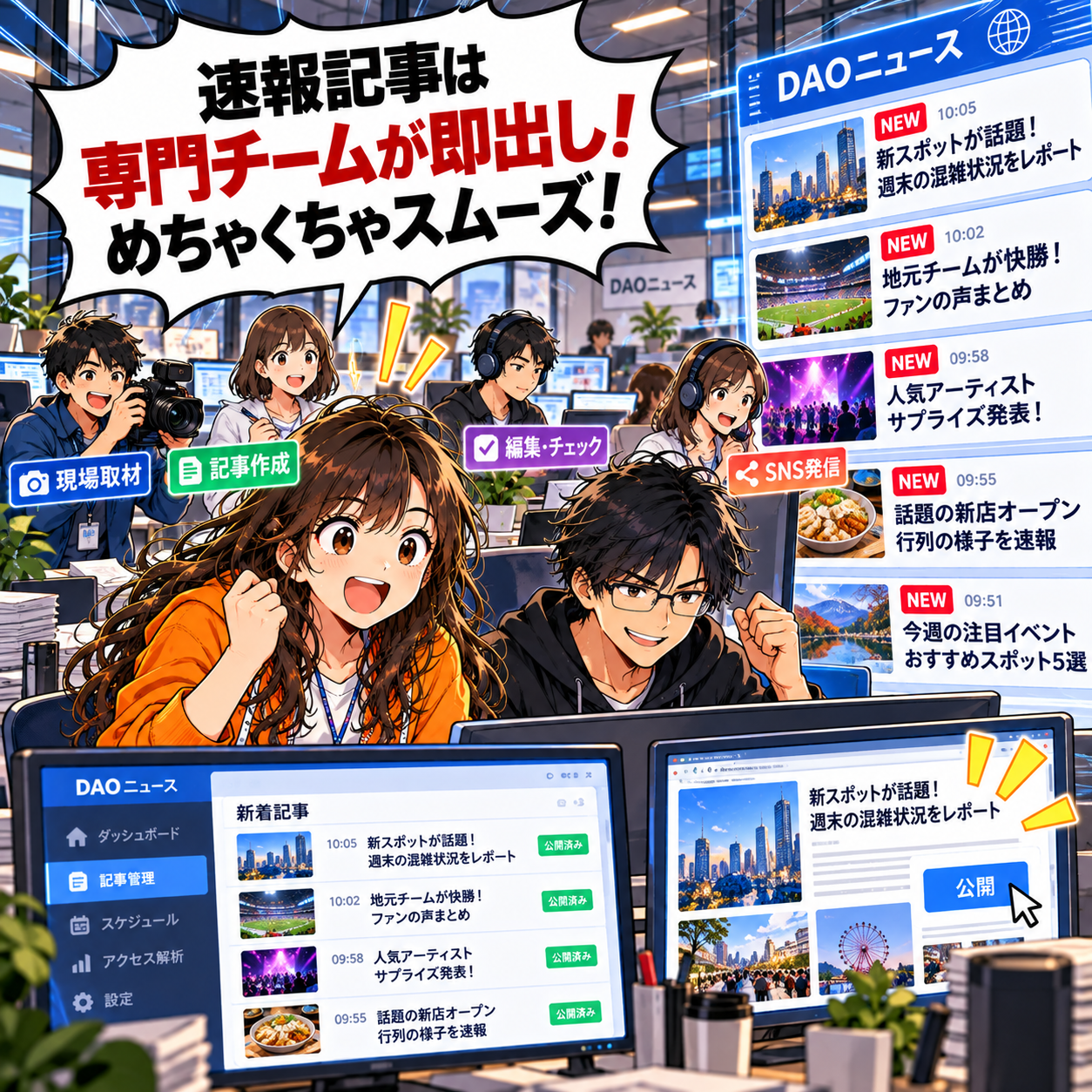 コマ16: 速報記事は専門チームが即出し！めちゃくちゃスムーズ！と息を吹き返すメディア