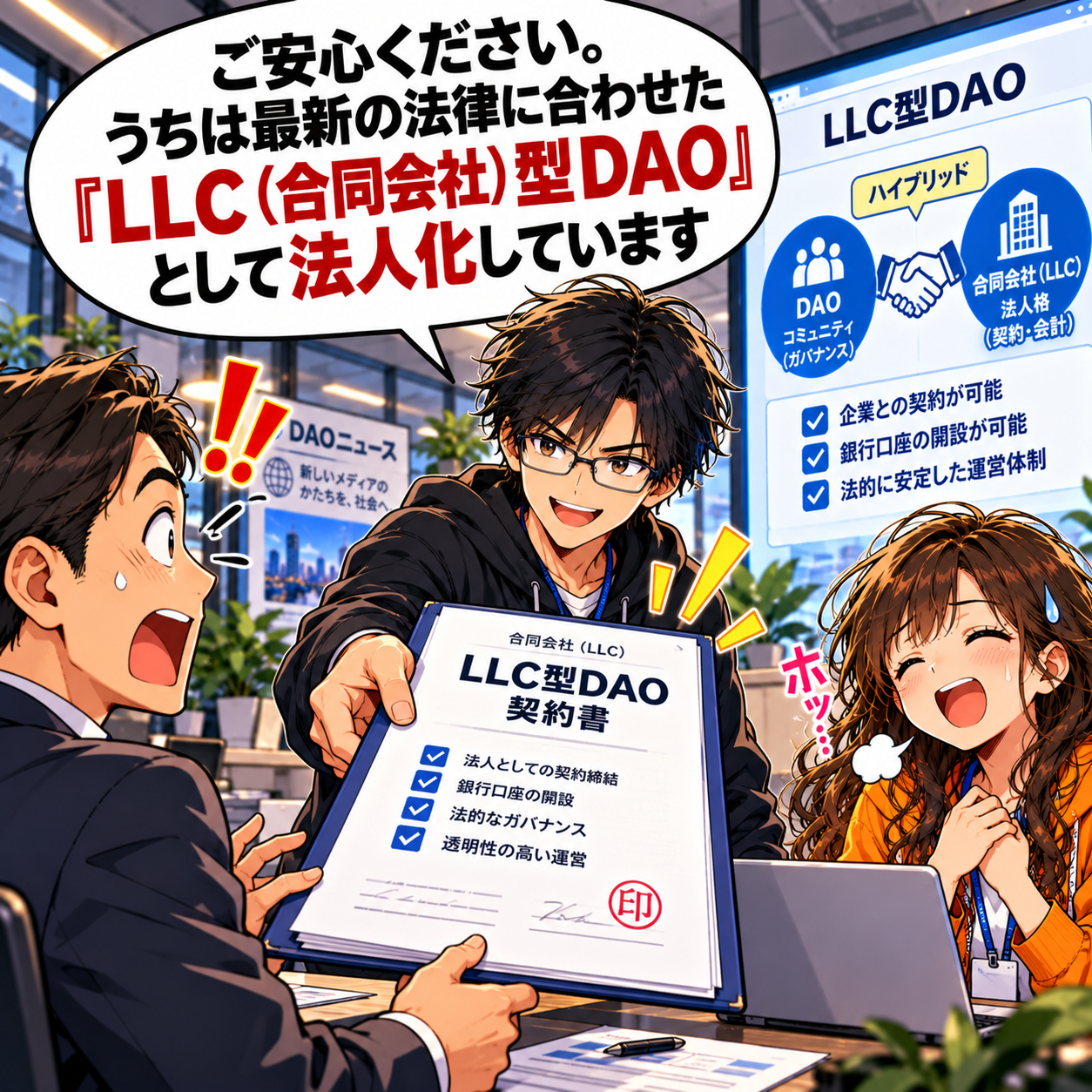 コマ18: ご安心ください。うちは最新の法律に合わせた『LLC（合同会社）型DAO』として法人化しています