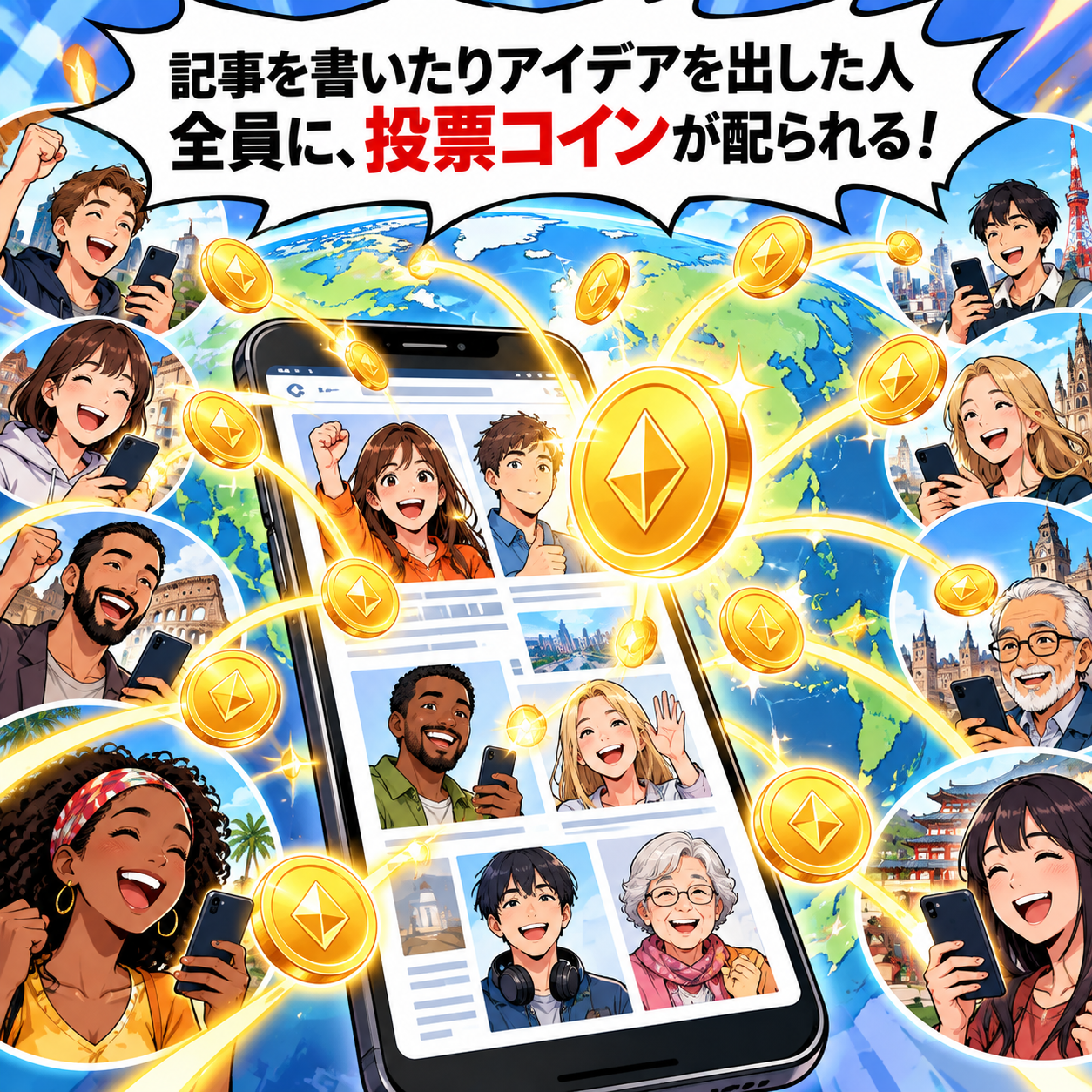 コマ2: 記事を書いたりアイデアを出した人全員に投票コインが配られる分散型メディアの仕組み