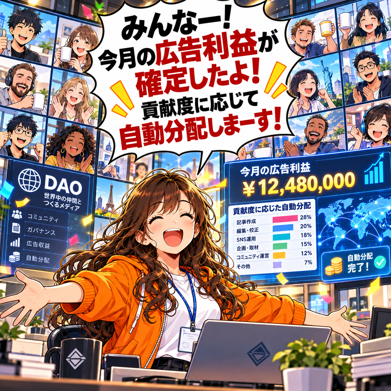 コマ20: みんなー！今月の広告利益が確定したよ！貢献度に応じて自動分配しまーす！と1,248万円の収益を分配