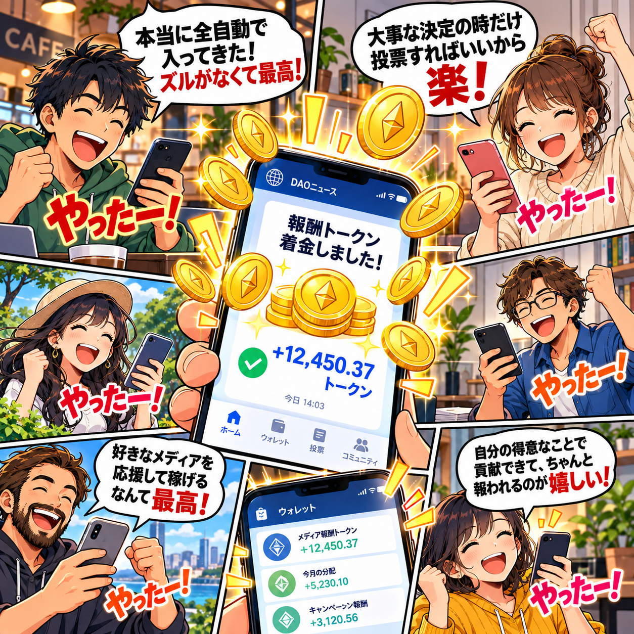コマ21: 本当に全自動で入ってきた！ズルがなくて最高！大事な決定の時だけ投票すればいいから楽！と喜ぶコミュニティ
