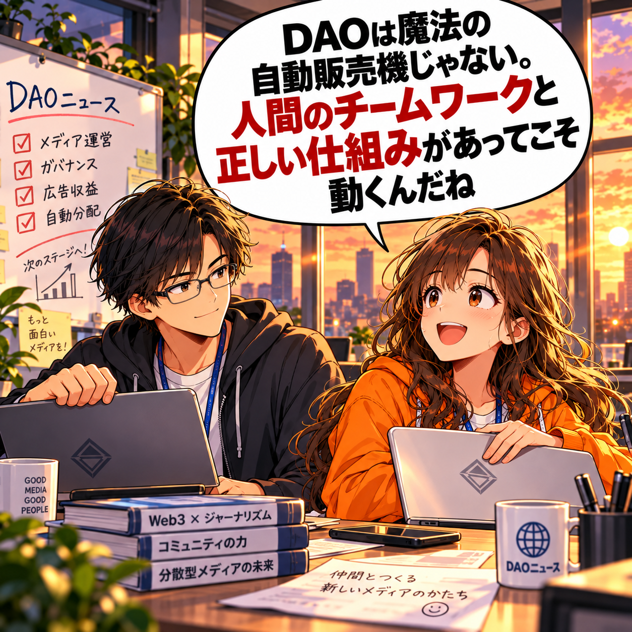 コマ22: DAOは魔法の自動販売機じゃない。人間のチームワークと正しい仕組みがあってこそ動くんだね