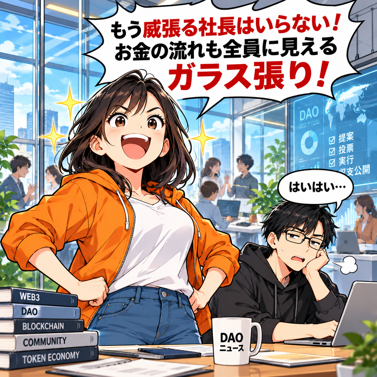 コマ3: もう威張る社長はいらない！お金の流れも全員に見えるガラス張り！と胸を張るアカリ