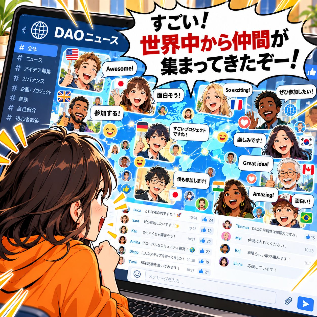 コマ4: すごい！世界中から仲間が集まってきたぞー！と盛り上がるオープン初期