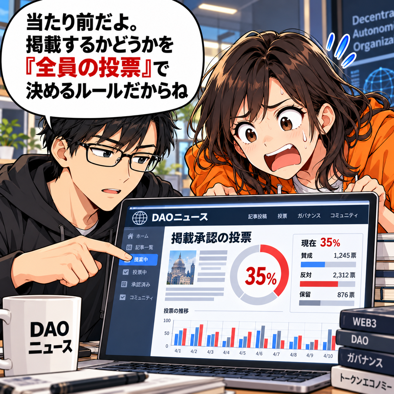 コマ5: 掲載するかどうかを『全員の投票』で決めるルールだからね、とガバナンスを説明するソウタ