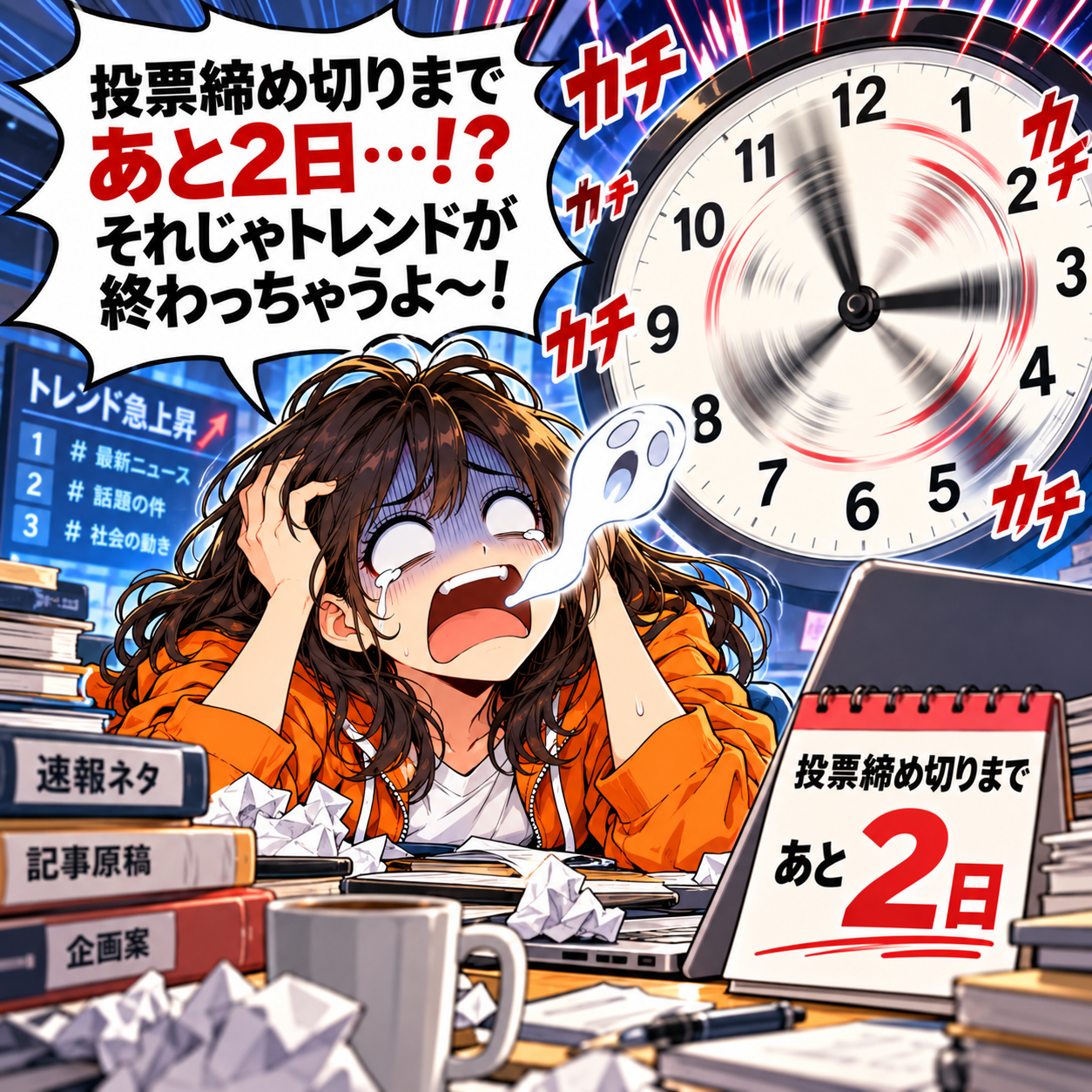 コマ6: 投票締め切りまであと2日…！？それじゃトレンドが終わっちゃうよ〜！と絶叫するアカリ