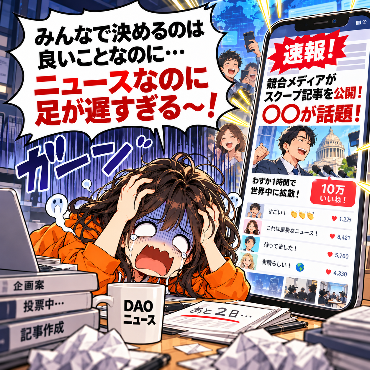 コマ7: みんなで決めるのは良いことなのにニュースなのに足が遅すぎる〜！と競合に先越され頭を抱えるアカリ
