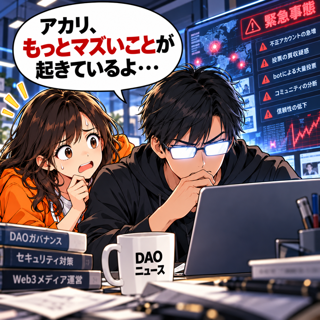 コマ8: アカリ、もっとマズいことが起きているよ…と緊迫した表情で画面を見るソウタ