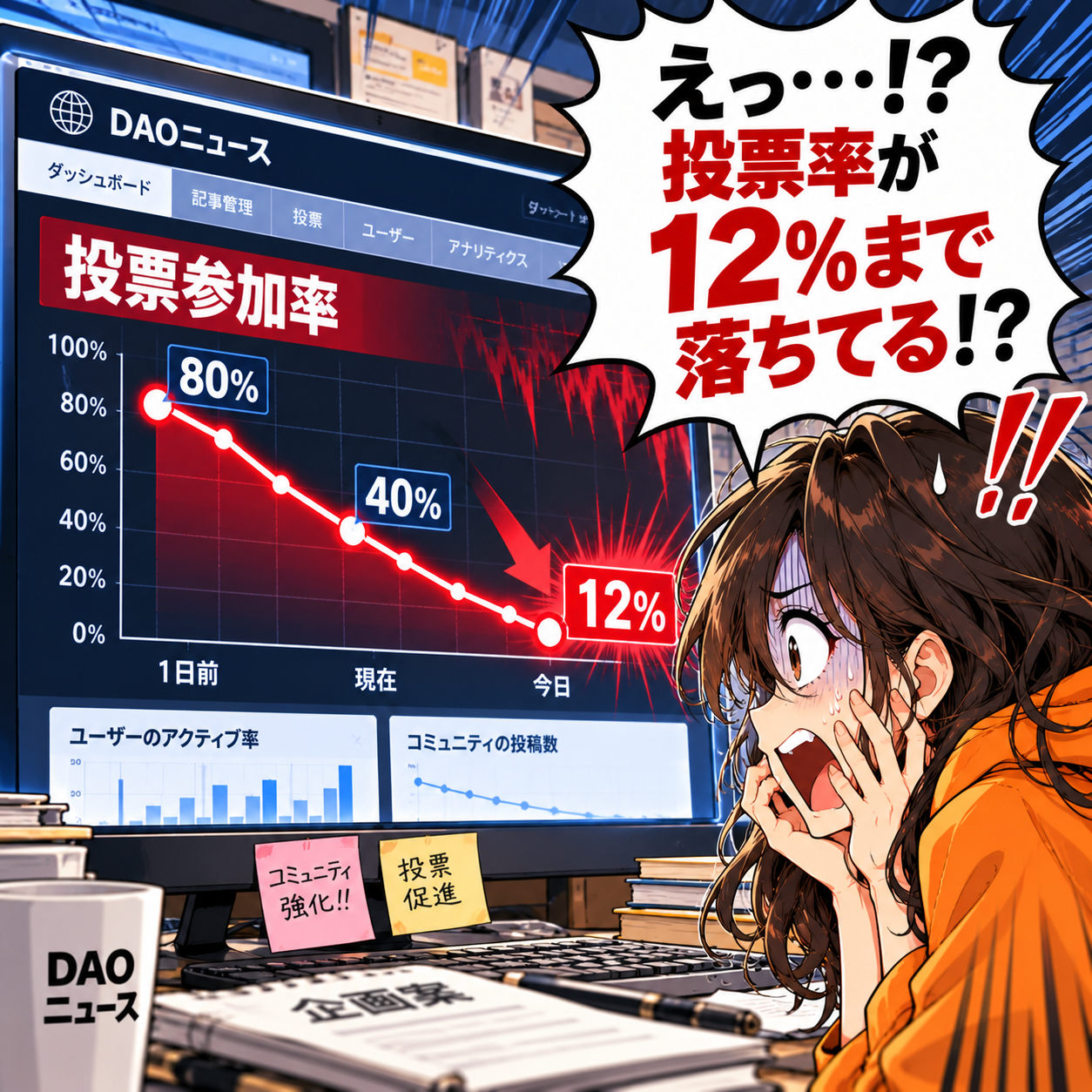 コマ9: えっ…！？投票参加率が80%から40%、12%まで急落してる！？と愕然とするアカリ