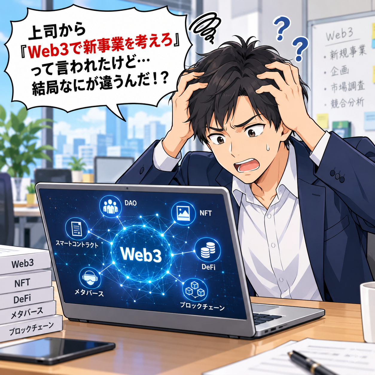コマ1: 上司から『Web3で新事業を考えろ』と言われたけど…結局なにが違うんだ！？と頭を抱える担当者