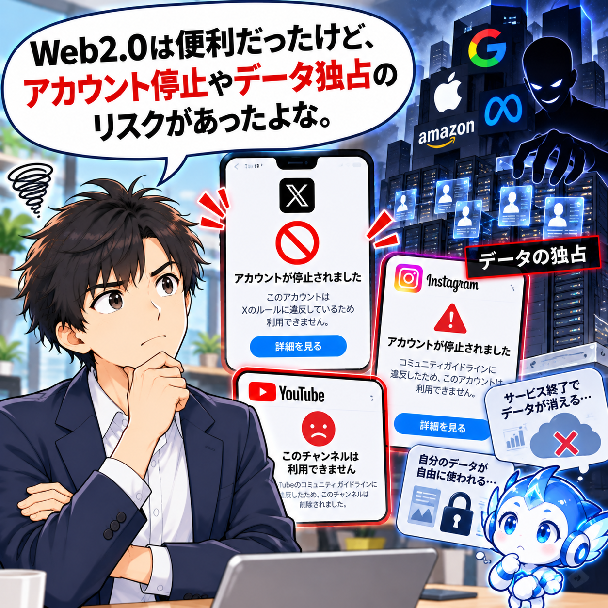 コマ10: Web2.0は便利だったけど、アカウント停止（BAN）やデータ独占のリスクがあったな