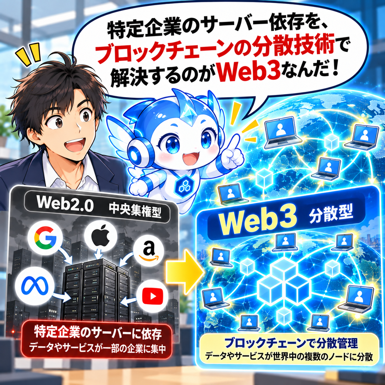 コマ11: 特定企業のサーバー依存を、ブロックチェーンの分散技術で解決するのがWeb3なんだ！