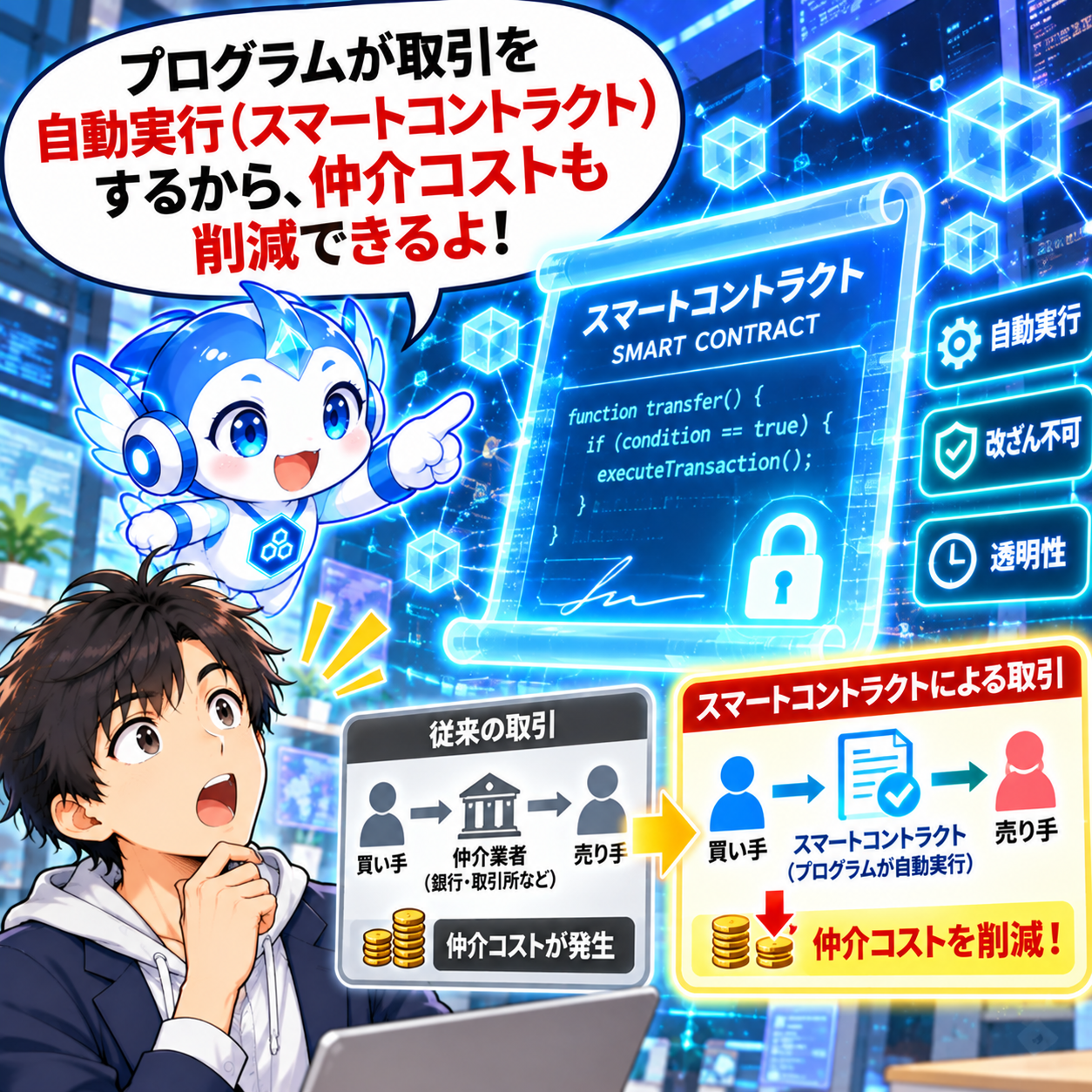 コマ12: プログラムが取引を自動実行（スマートコントラクト）するから、仲介コストも削減できるよ！