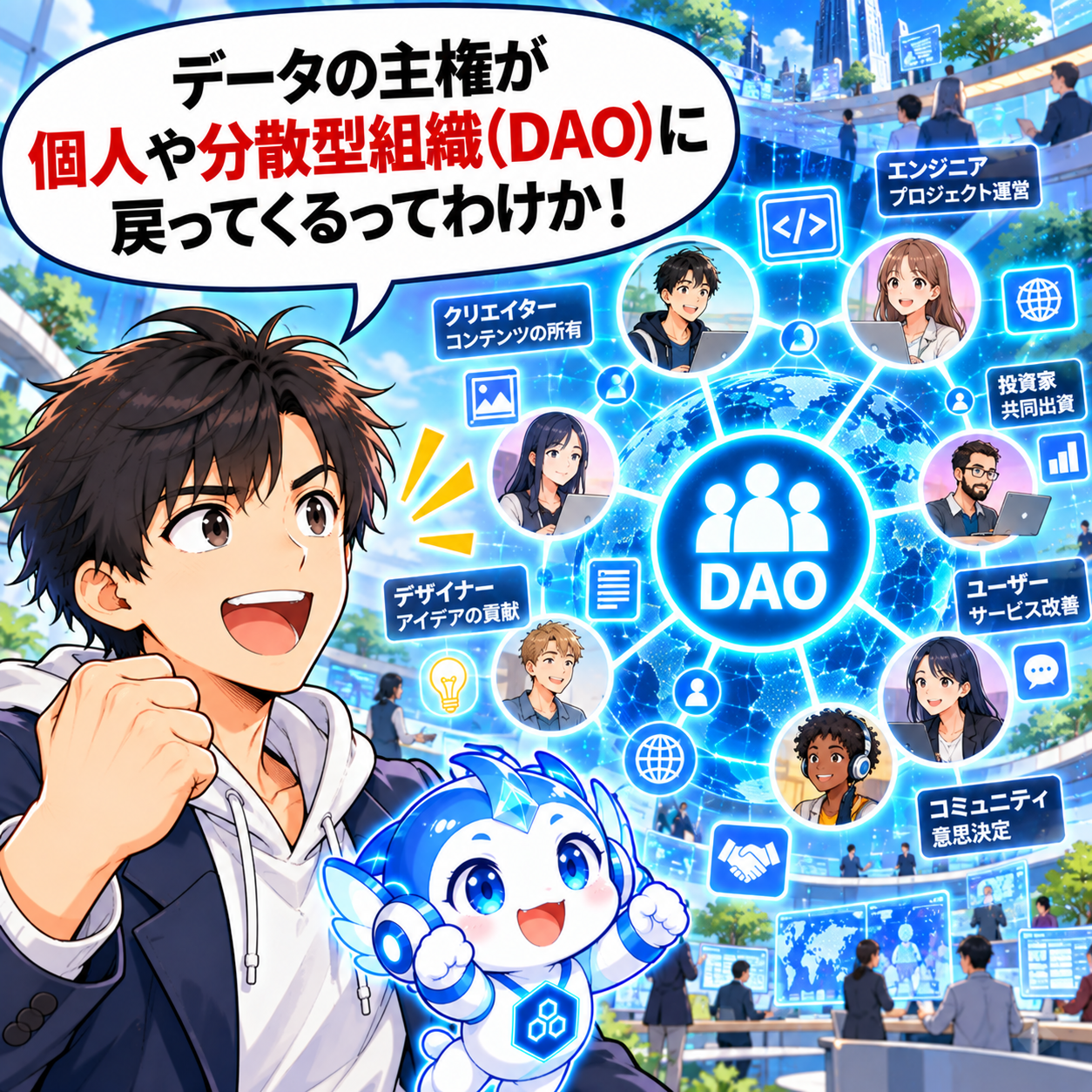 コマ13: データの主権が個人や分散型組織（DAO）に戻ってくるってわけか！