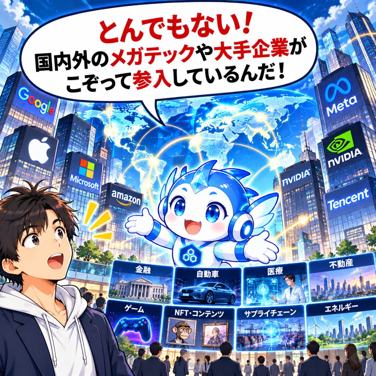 コマ15: とんでもない！国内外のメガテックや大手企業がこぞって参入しているんだ！