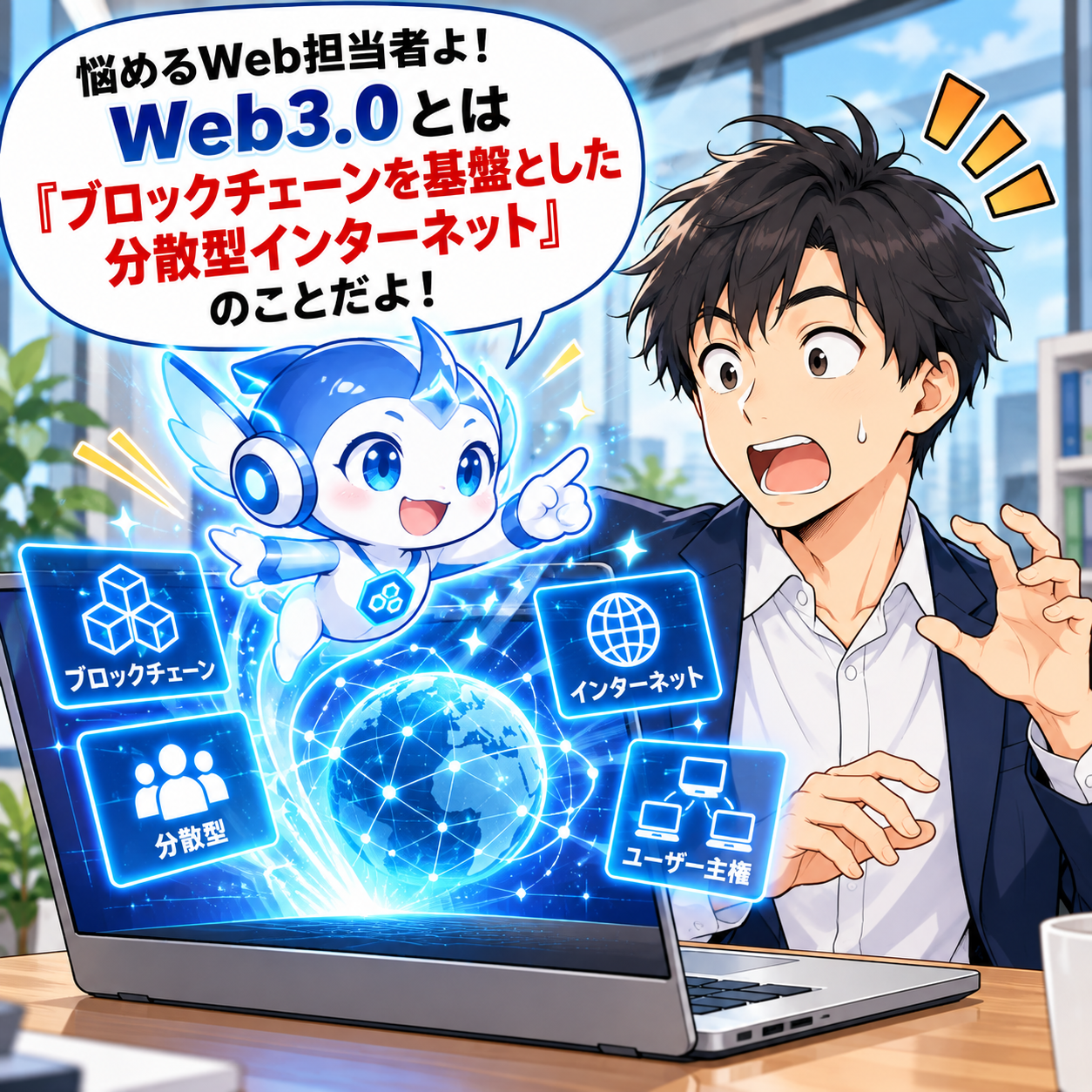 コマ2: Web3.0とは『ブロックチェーンを基盤とした分散型インターネット』のことだよ！と現れるキャラクター