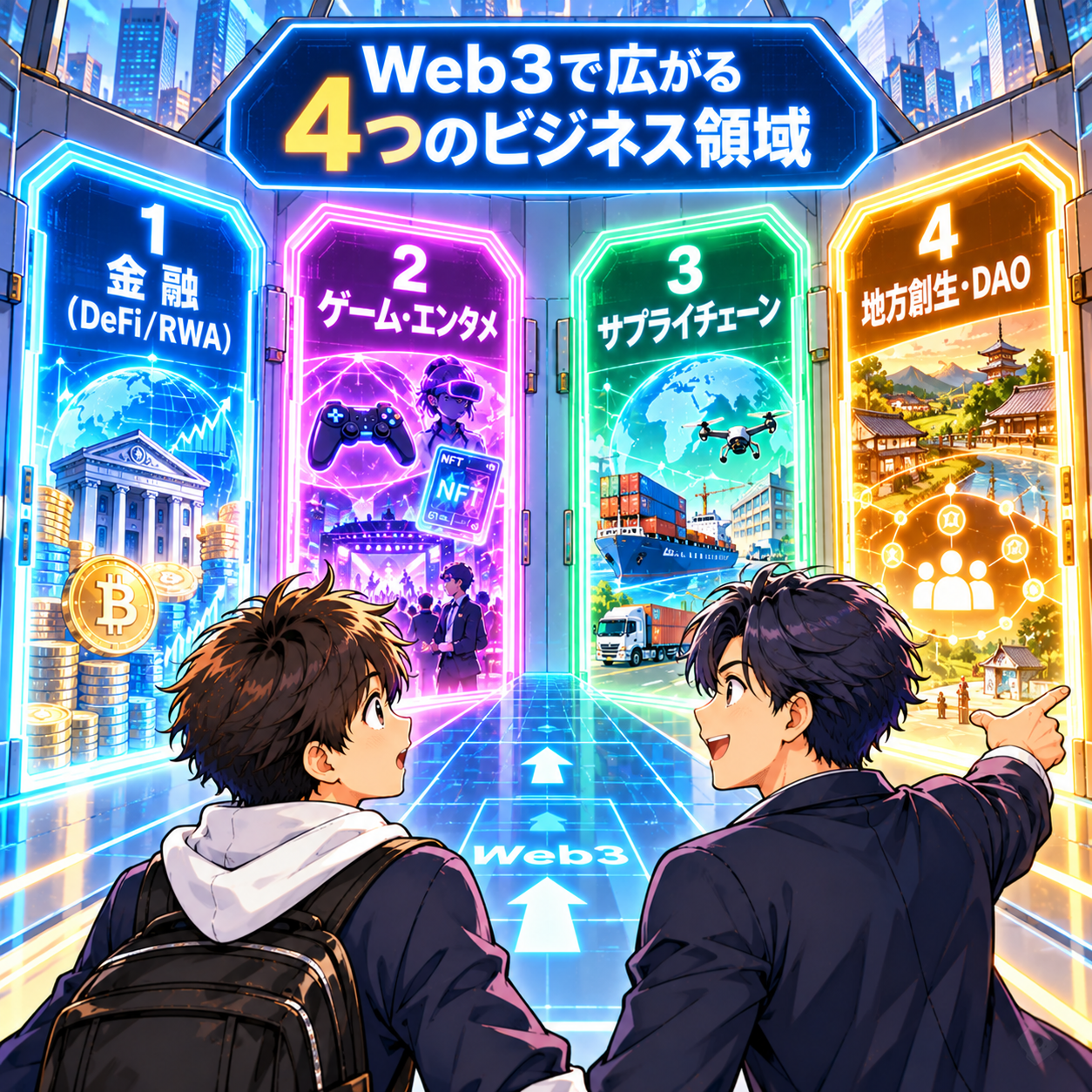 コマ22: Web3で広がる4つのビジネス領域（①金融, ②ゲーム・エンタメ, ③サプライチェーン, ④地方創生・DAO）