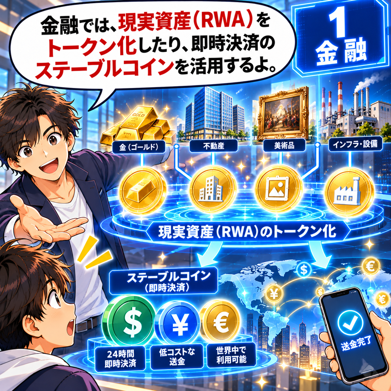 コマ23: 金融では現実資産（RWA）をトークン化したり、即時決済のステーブルコインを活用するよ