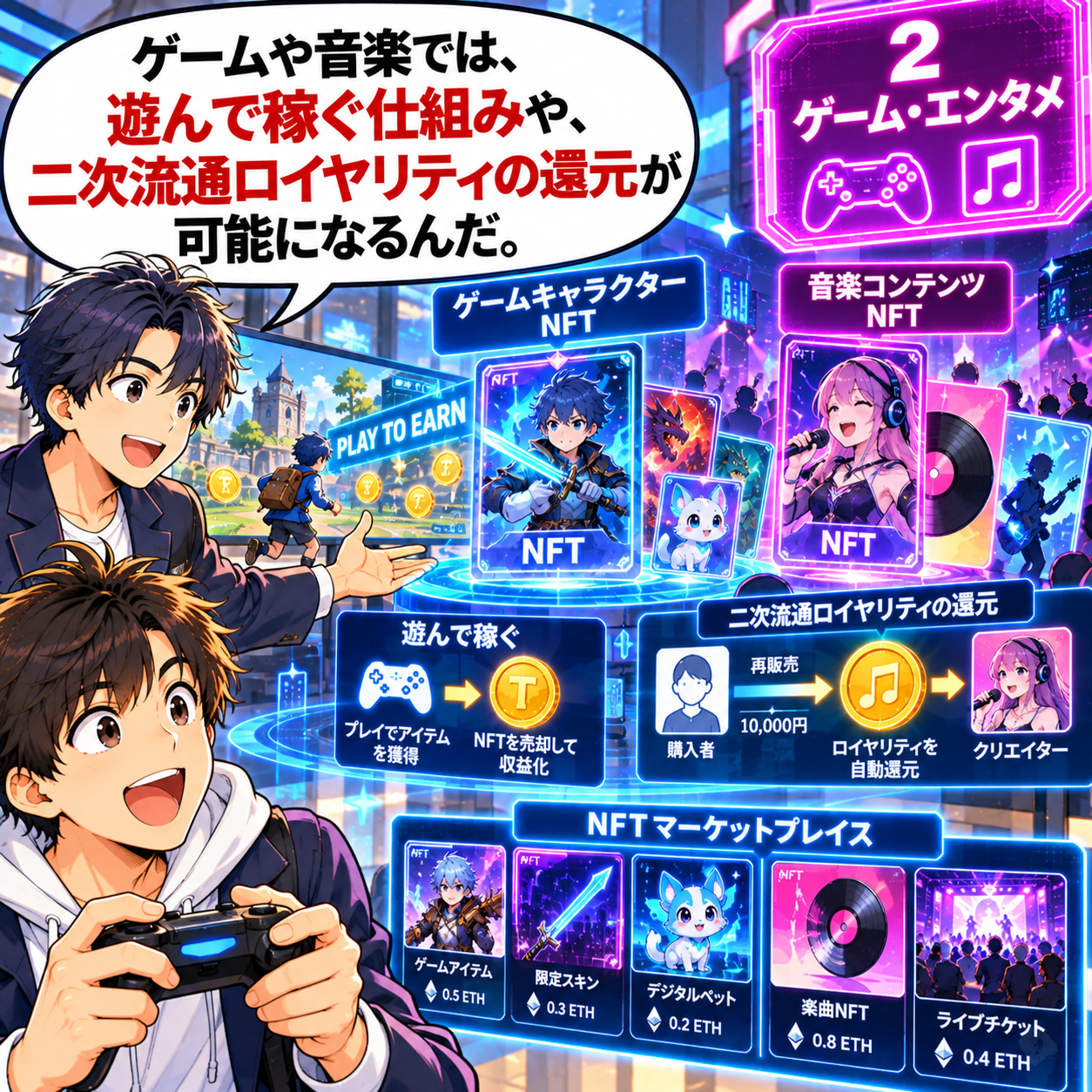 コマ24: ゲームや音楽では、遊んで稼ぐ仕組み（Play to Earn）や二次流通ロイヤリティの還元が可能に