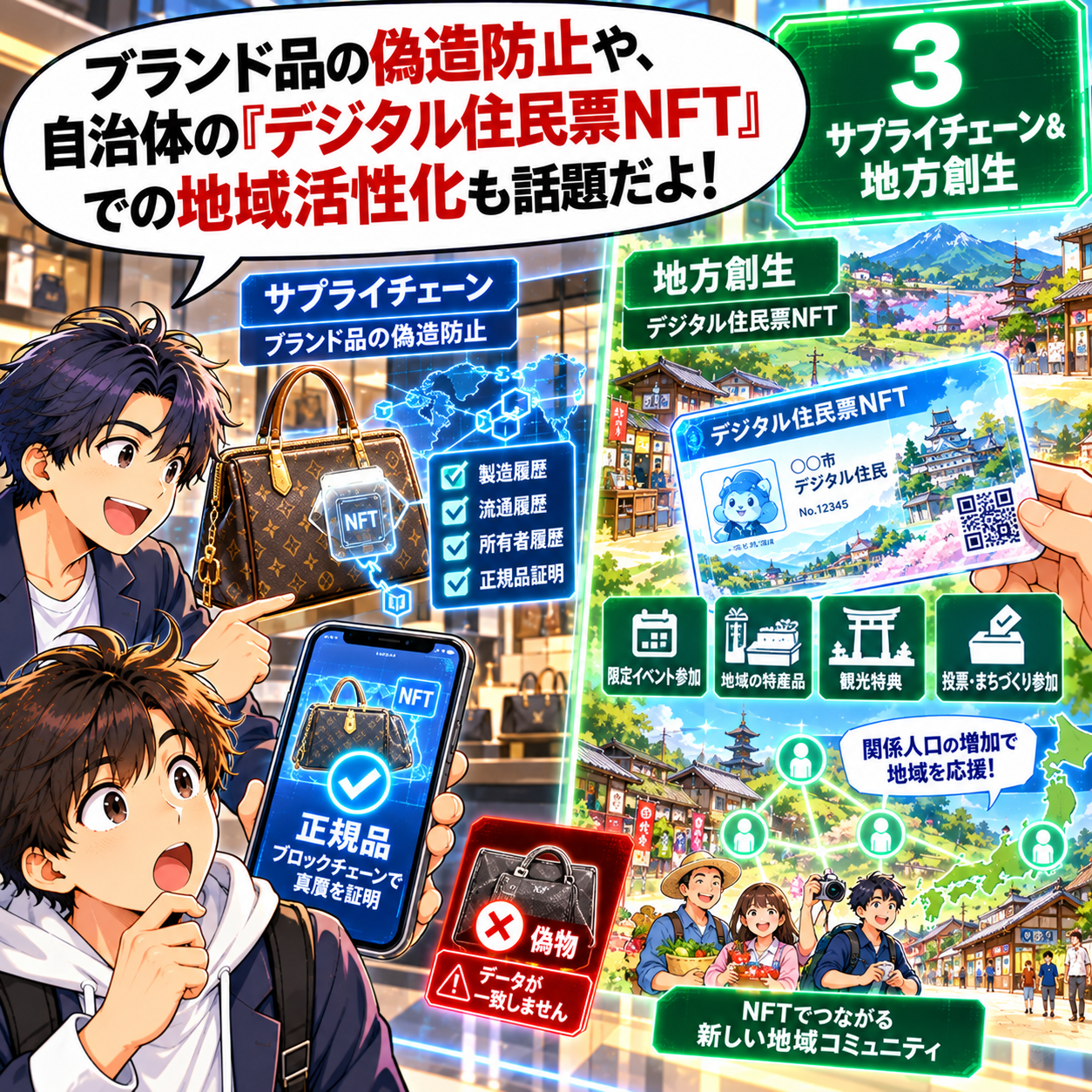 コマ25: ブランド品の真贋証明（偽造防止）や自治体の『デジタル住民票NFT』での地域活性化も話題だよ！
