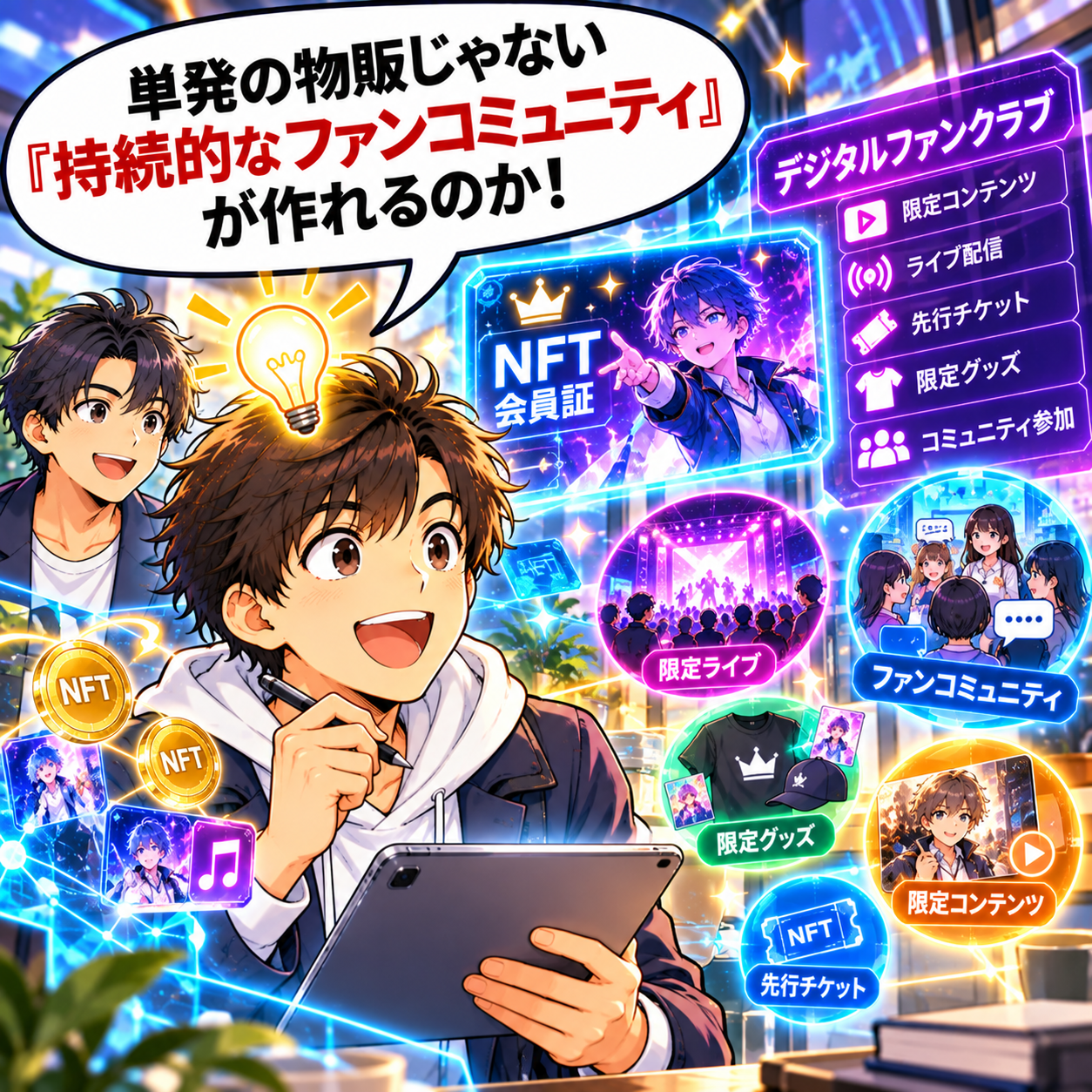 コマ26: 単発の物販じゃない『持続的なファンコミュニティ』が作れるのか！とひらめく担当者
