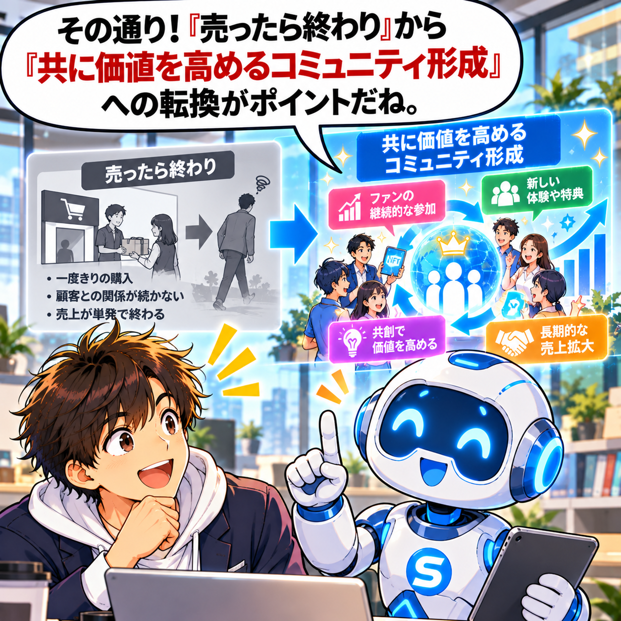 コマ27: 『売ったら終わり』から『共に価値を高めるコミュニティ形成』への転換がポイントだね