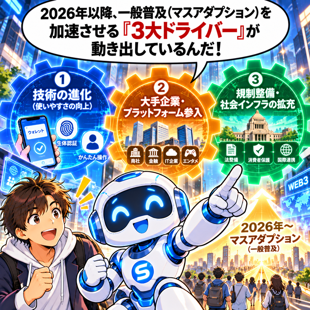 コマ29: 2026年以降、一般普及（マスアダプション）を加速させる『3大ドライバー』が動き出しているんだ！