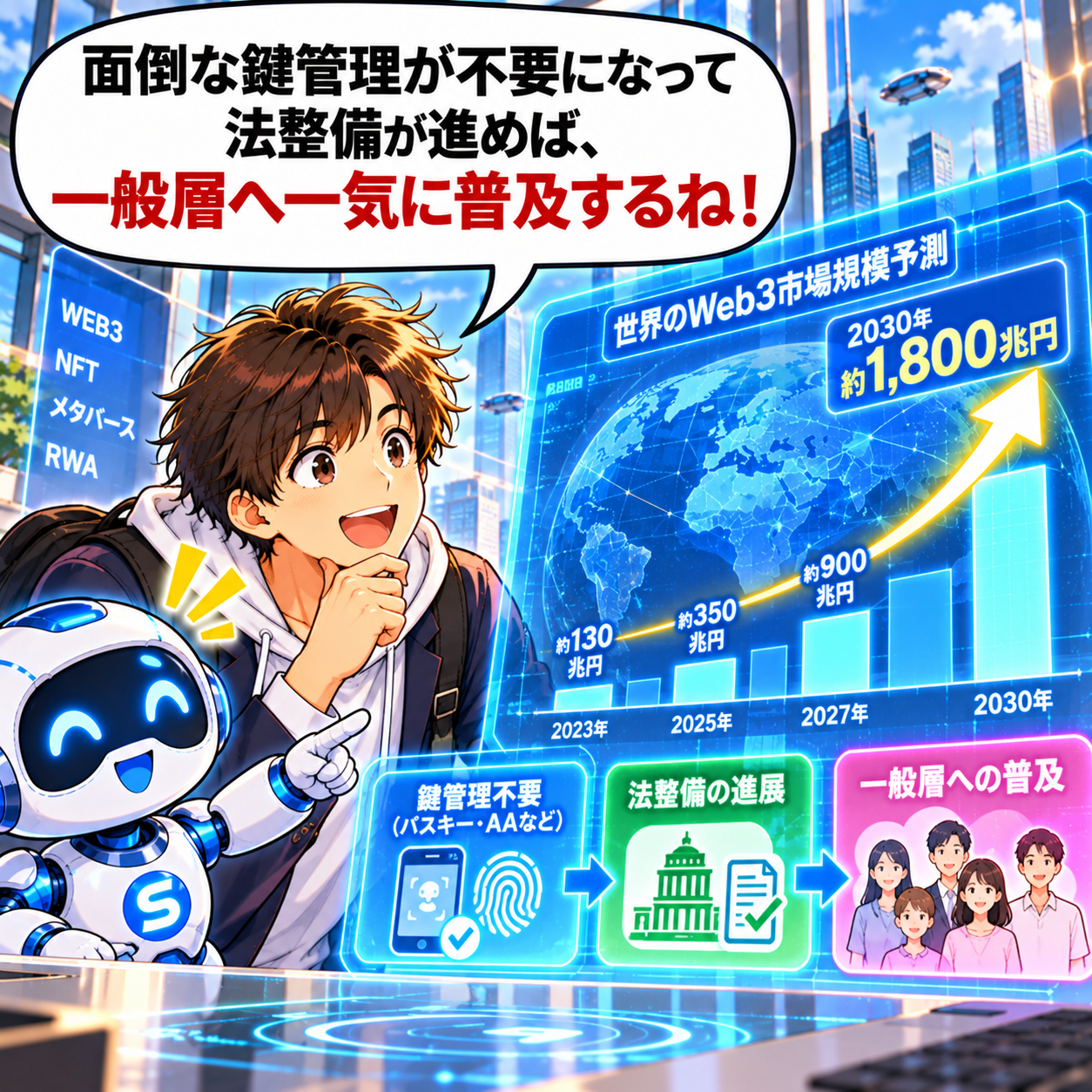 コマ32: 面倒な鍵管理が不要になって法整備が進めば、2030年約1,800兆円市場へ一気に普及するね！
