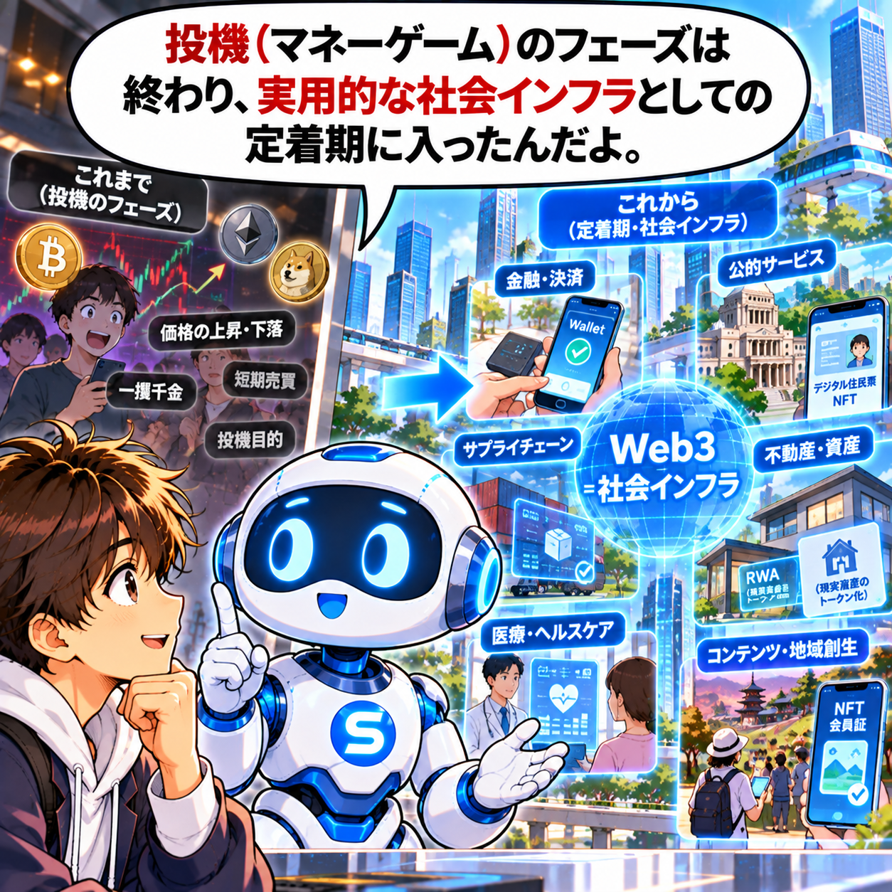 コマ33: 投機（マネーゲーム）のフェーズは終わり、実用的な社会インフラとしての定着期に入ったんだよ