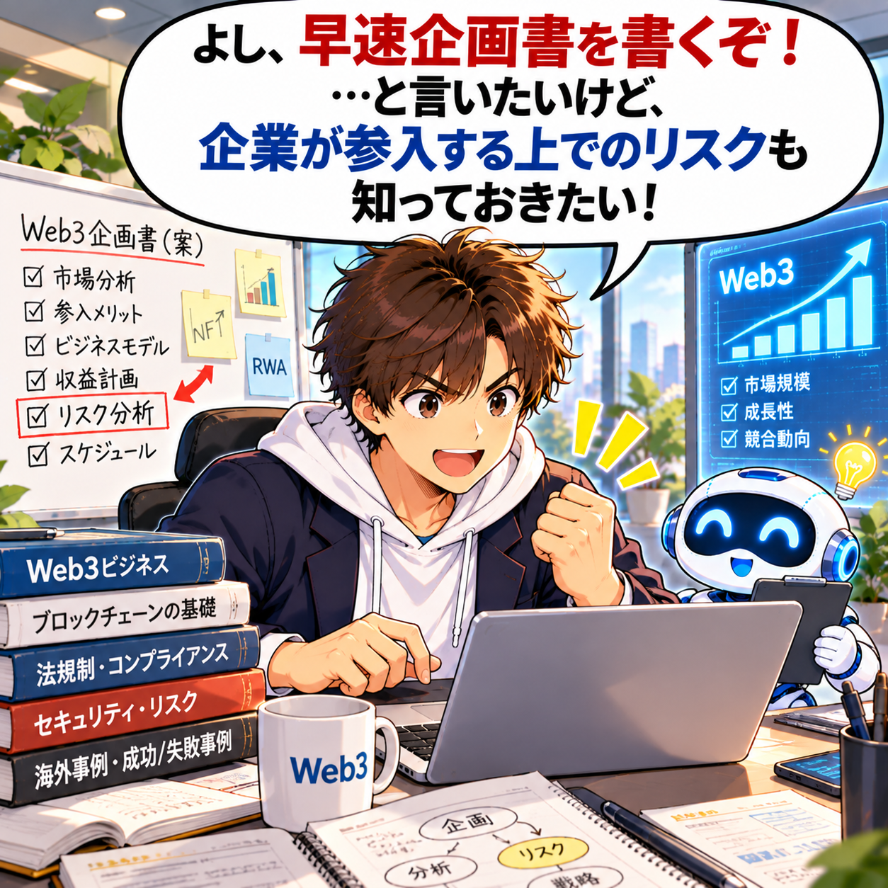 コマ35: よし、早速企画書を書くぞ！…と言いたいけど、企業が参入する上でのリスクも知っておきたい！