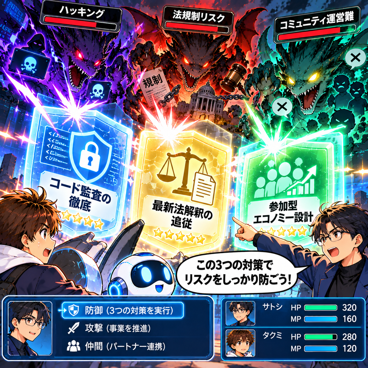 コマ37: ①コード監査の徹底、②最新法解釈の追従、③参加型エコノミー設計の3大対策シールド！