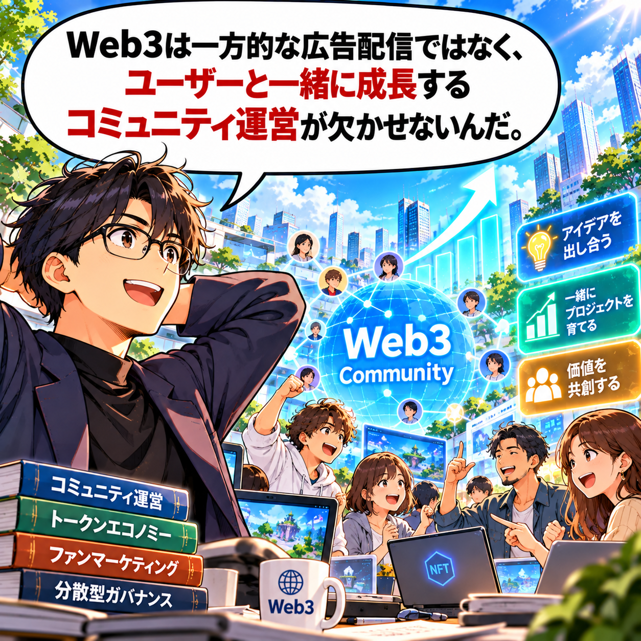 コマ38: Web3は一方的な広告配信ではなく、ユーザーと一緒に成長するコミュニティ運営が欠かせないんだ