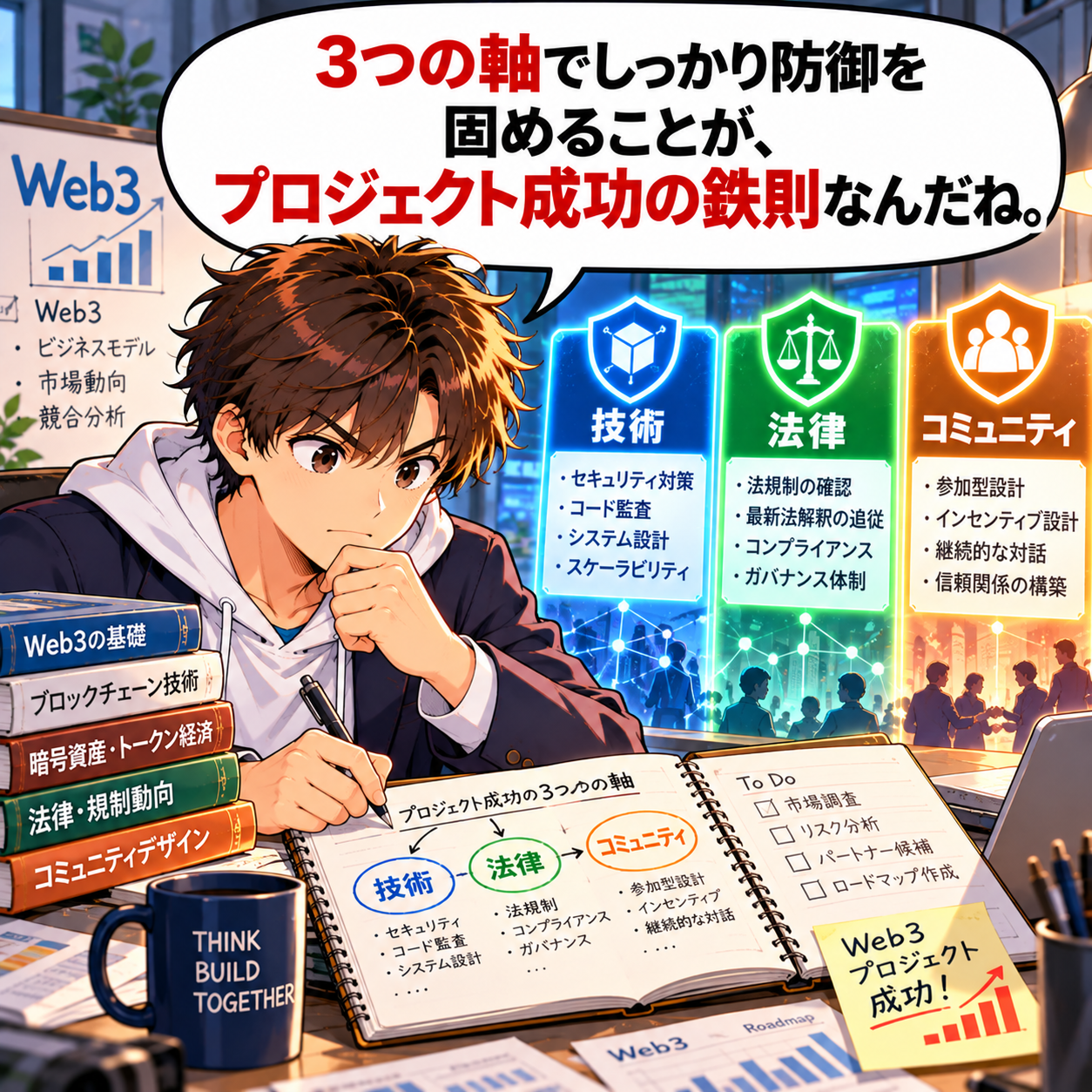 コマ39: 3つの軸（技術・法律・コミュニティ）でしっかり防御を固めることが、プロジェクト成功の鉄則なんだね