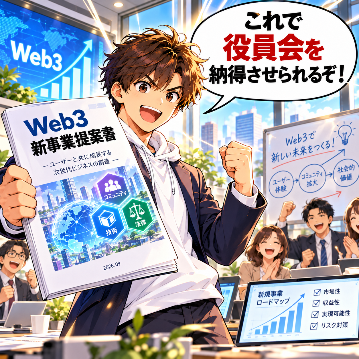 コマ40: これで役員会を納得させられるぞ！『Web3新事業提案書』を掲げる担当者
