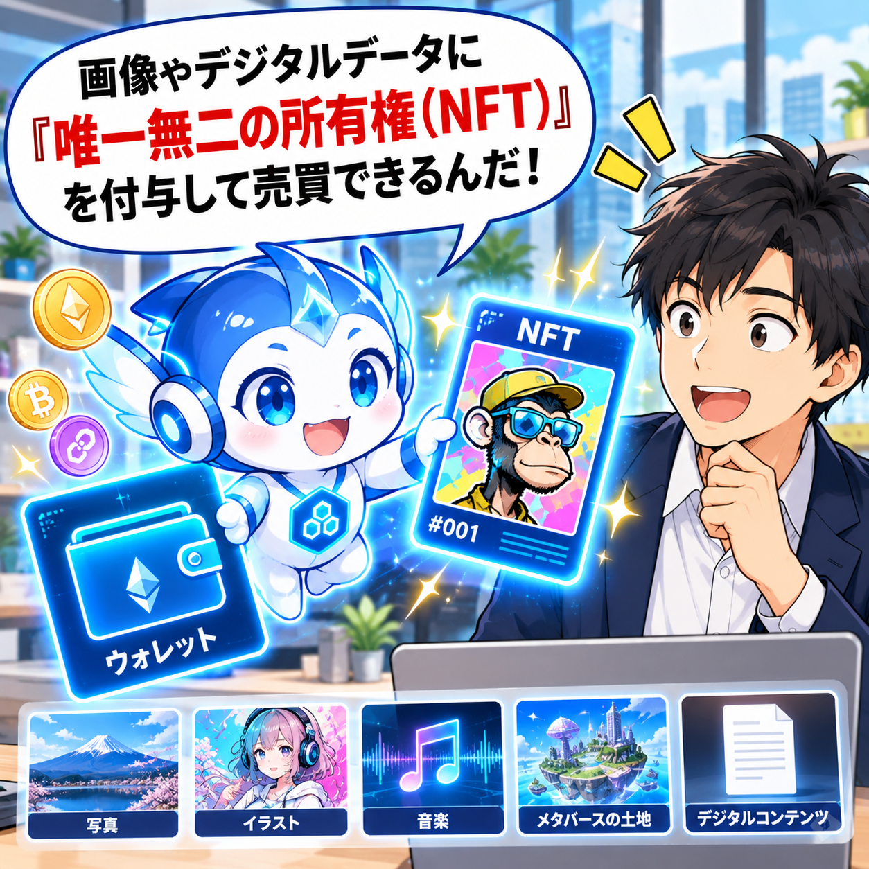 コマ5: 画像やデジタルデータに『唯一無二の所有権（NFT）』を付与して売買できるんだ！