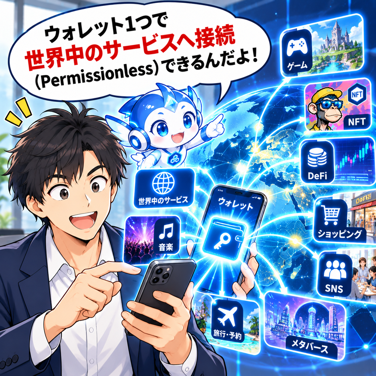 コマ6: ウォレット1つで世界中のサービスへ接続（Permissionless）できる世界