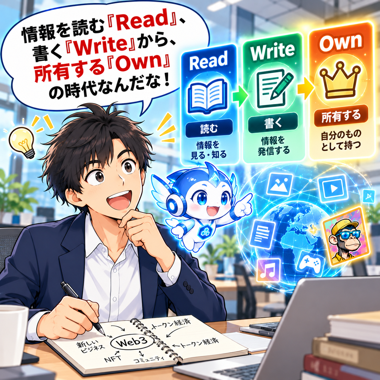 コマ7: 情報を読む『Read』、書く『Write』から、所有する『Own』の時代なんだな！