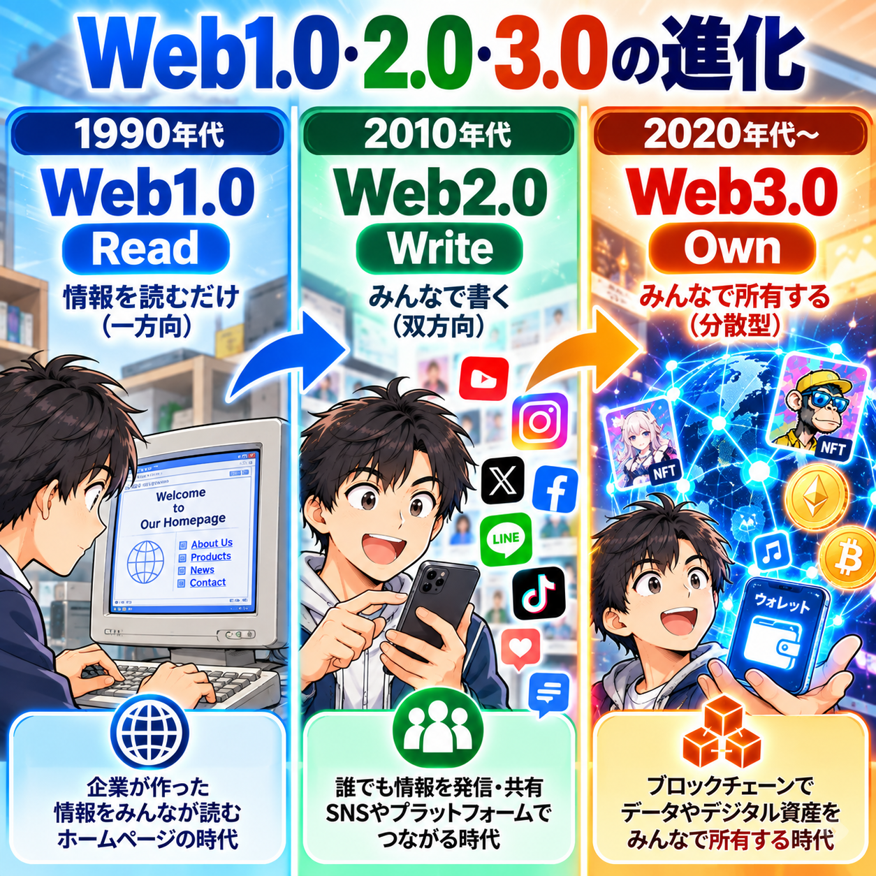 コマ9: Web1.0（1990年代・Read）、Web2.0（2010年代・Write）、Web3.0（2020年代〜・Own）の比較表