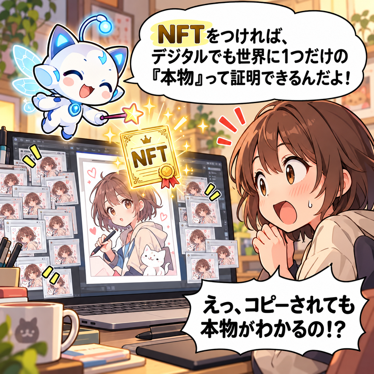 コマ1: NFTをつければデジタルでも世界に1つだけの『本物』って証明できるんだよ！コピーされても本物がわかるの！？