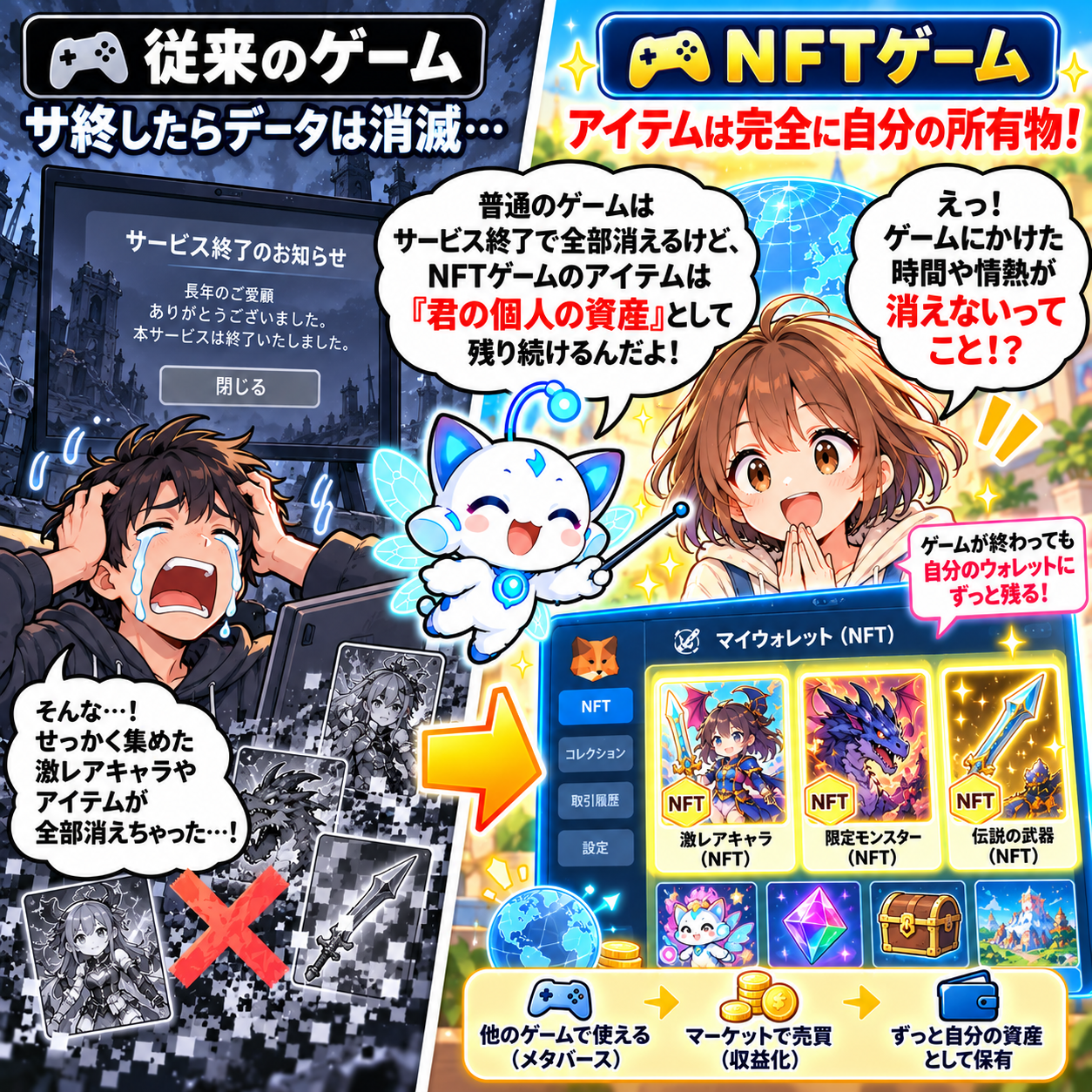 コマ10: サ終しても他のゲームで使える（メタバース）、マーケットで売買、自分の資産として保有