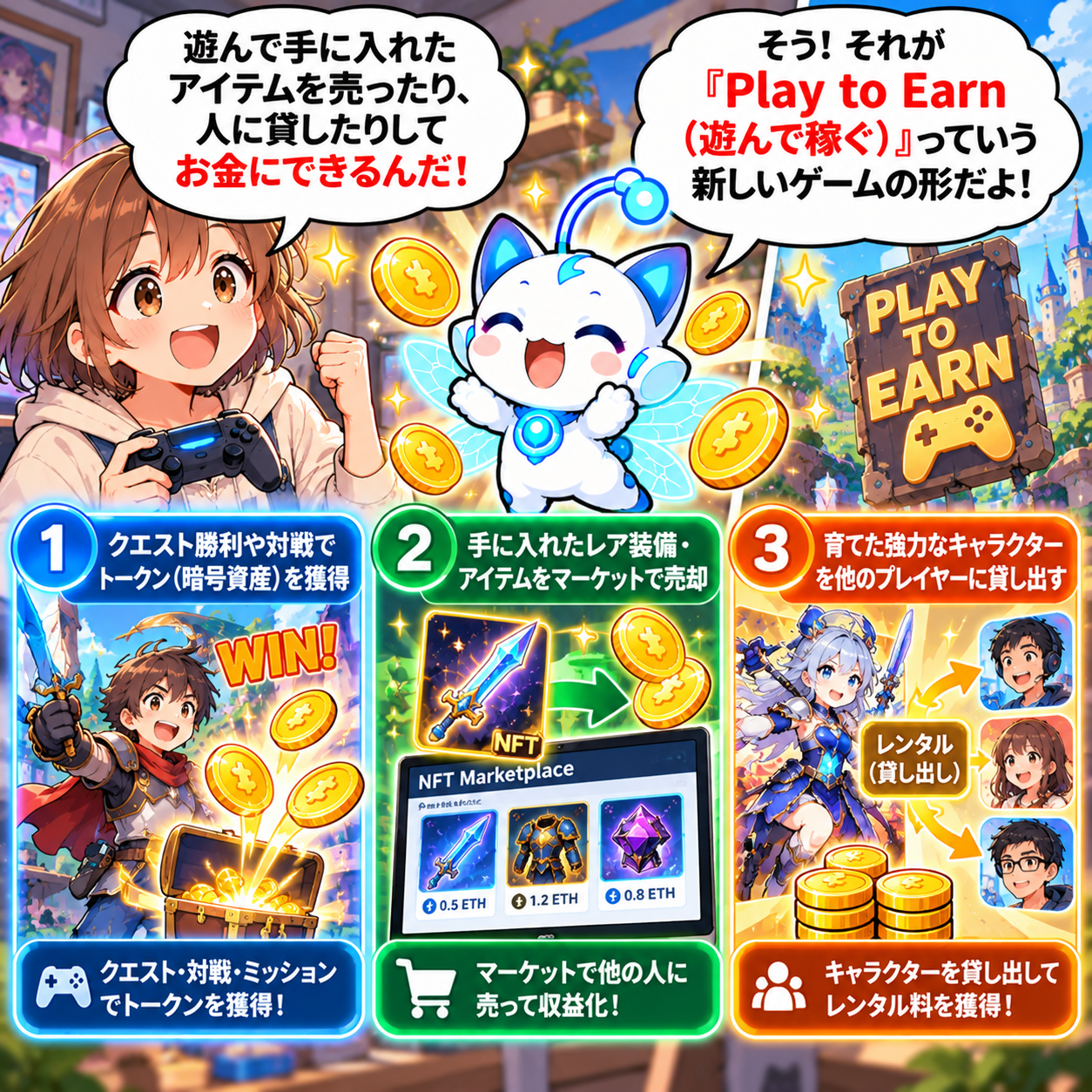 コマ11: クエスト勝利でトークン獲得、レア装備売却、キャラクターの貸し出しで稼ぐPlay to Earn