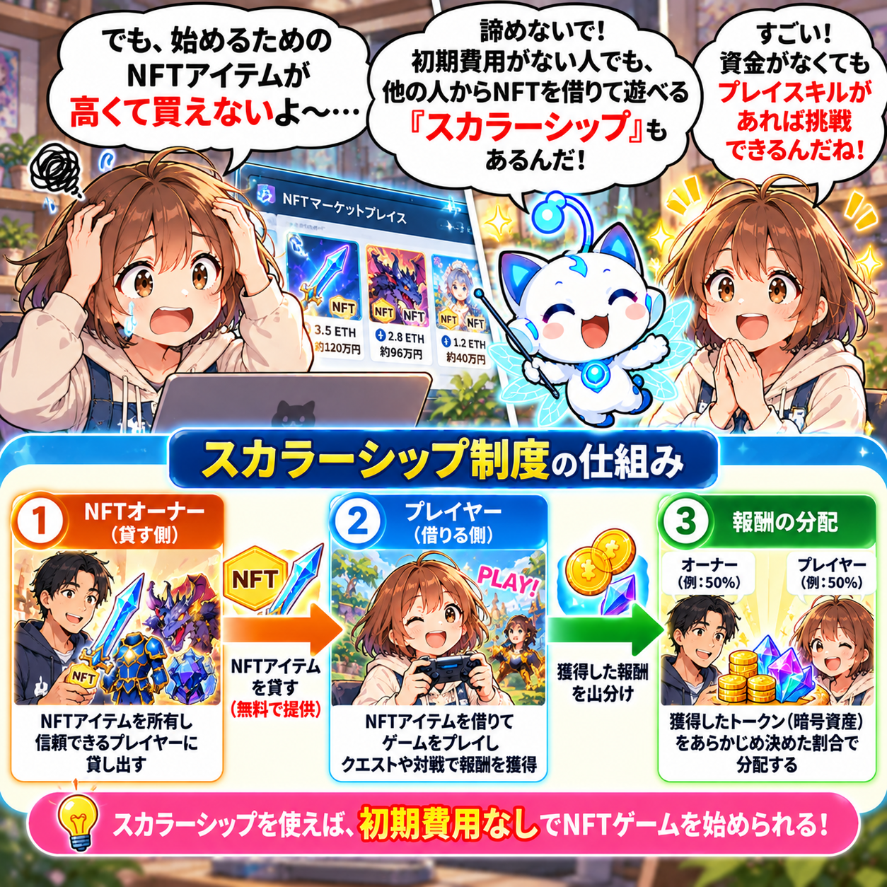 コマ12: 初期費用がない人でも大丈夫！NFTアイテムを借りて遊べる『スカラーシップ制度』の仕組み