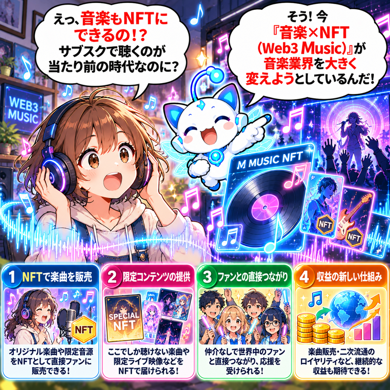 コマ14: 今『音楽×NFT（Web3 Music）』が音楽業界を大きく変えようとしているんだ！4つの特徴