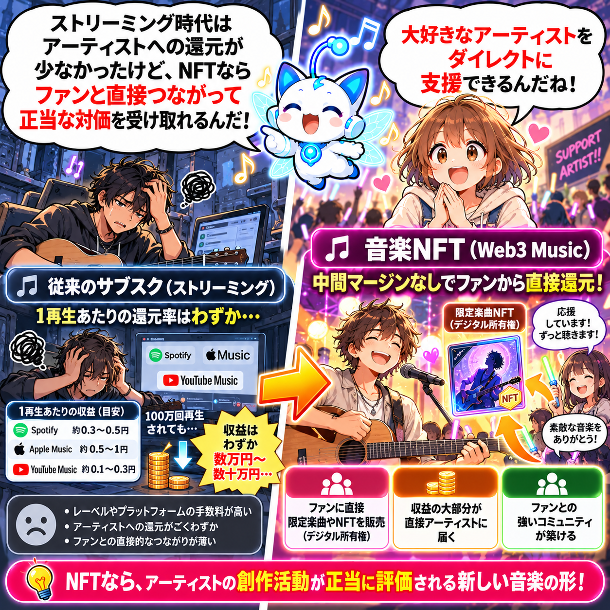 コマ15: 従来のサブスク（ストリーミング）は1再生0.3円… vs 音楽NFTなら中間マージンなしで直接ファンから還元！