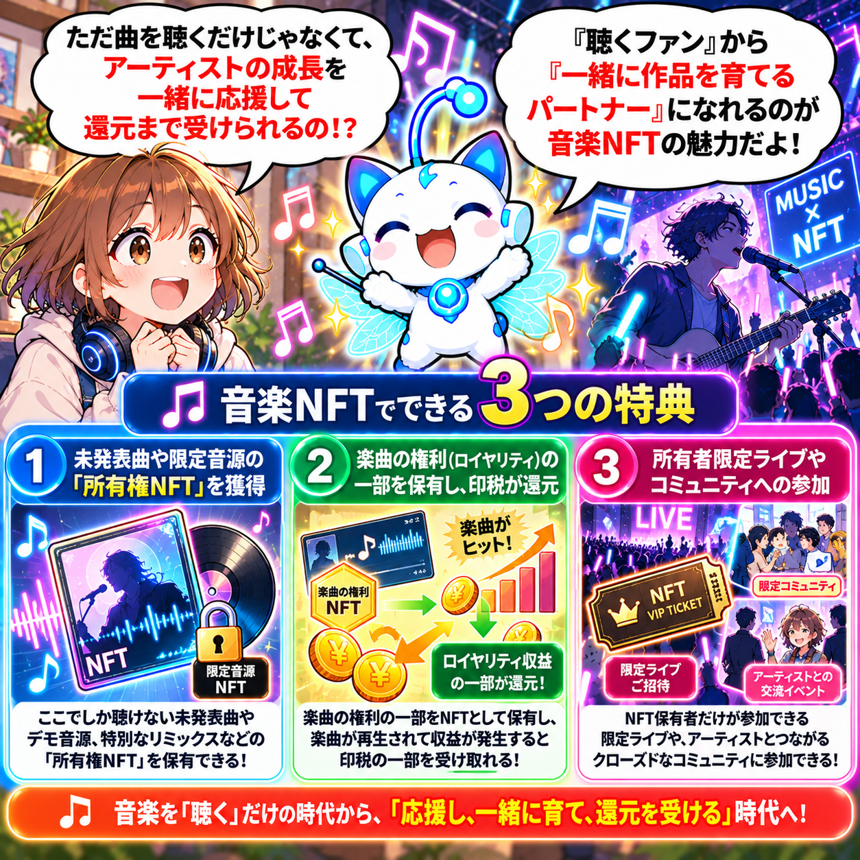 コマ16: 音楽NFTでできる3つの特典（未発表曲NFT、ロイヤリティ印税還元、限定ライブ・コミュニティ参加）